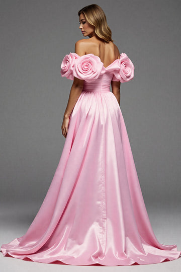 Pink Satin A Line Long Floral Formal Dress with Slit